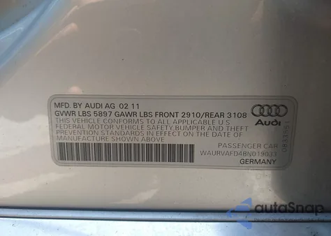 2011 Audi A8 L 4.2 из США, поврежденный, VIN WAURVAFD4BN019033